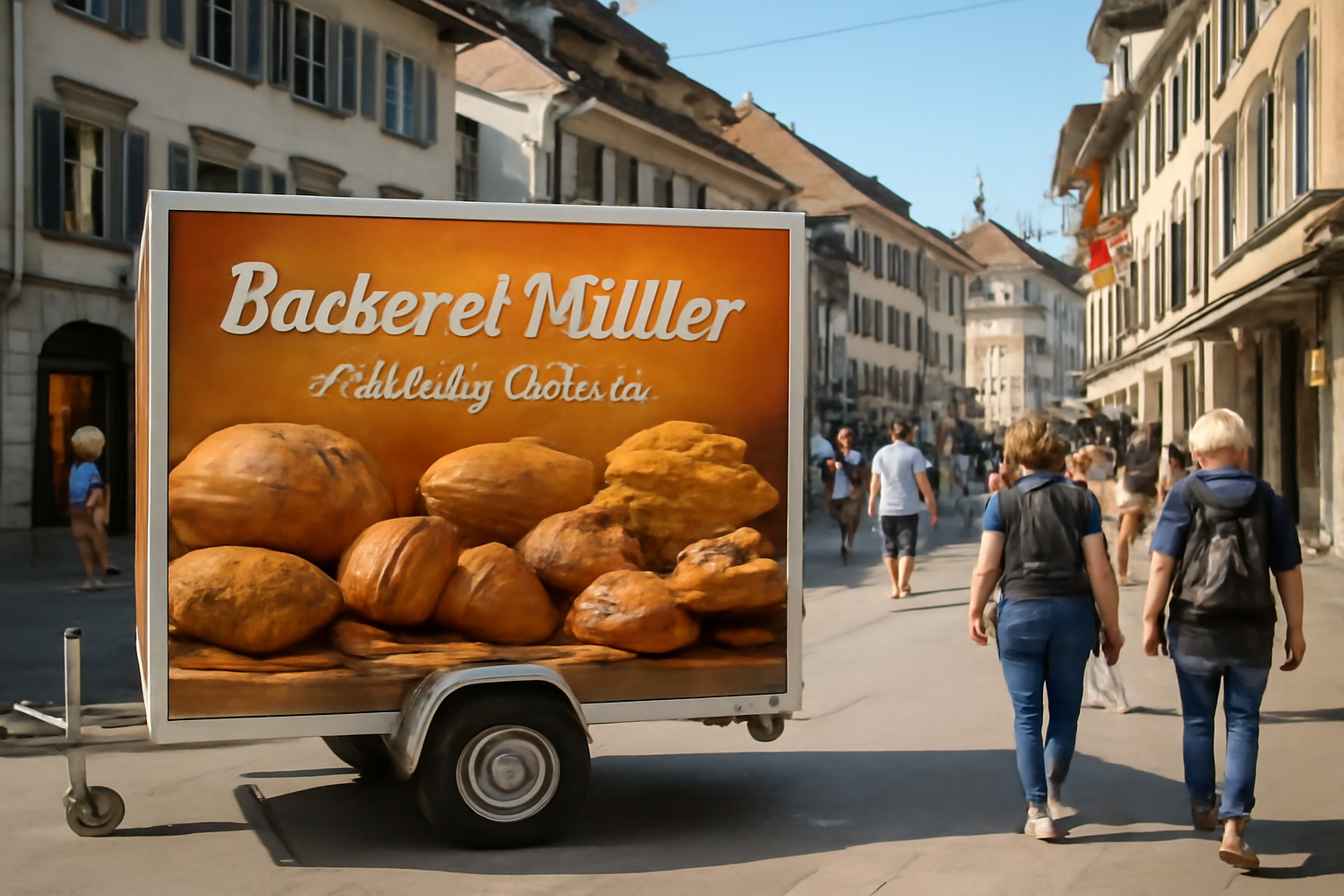Werbeanhänger mit Bäckerei-Werbung an einer Strasse