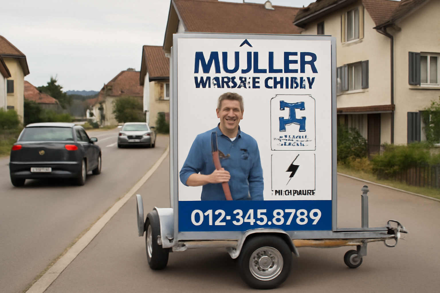 Werbeanhänger mit Handwerker-Werbung